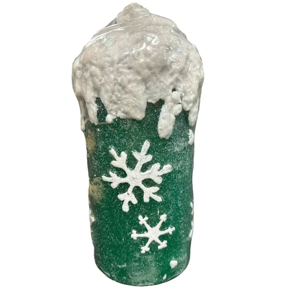 Vintage Christmas Pillar Snowflake Candles •‎ Green Foil, Glitter & Snow Topped